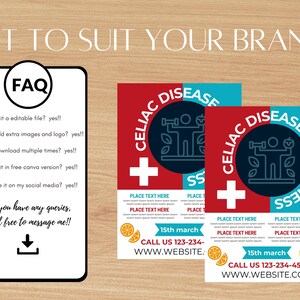 K&ouml;nnte beinhalten: Zwei Flyer mit dem Text &bdquo;Z&Ouml;LIAKIE-KRANKHEITSBEWUSSTSEIN&ldquo;, einem Kreuz und einer Personengrafik. Ein Flyer ist rot und blau, der andere blau und rot. Auf der linken Seite befindet sich eine wei&szlig;e FAQ-Grafik mit Text. Der Text enth&auml;lt &bdquo;an Ihre Marke anpassen&ldquo;.