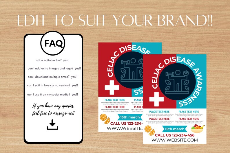 K&ouml;nnte beinhalten: Zwei Flyer mit dem Text &bdquo;Z&Ouml;LIAKIE-KRANKHEITSBEWUSSTSEIN&ldquo;, einem Kreuz und einer Personengrafik. Ein Flyer ist rot und blau, der andere blau und rot. Auf der linken Seite befindet sich eine wei&szlig;e FAQ-Grafik mit Text. Der Text enth&auml;lt &bdquo;an Ihre Marke anpassen&ldquo;.