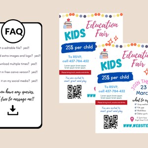Puede incluir: Dos folletos para una Feria de Educaci&oacute;n Infantil, con texto y gr&aacute;ficos coloridos. Los folletos incluyen el texto "KIDS Education Fair", detalles del evento y un c&oacute;digo QR. Un folleto tambi&eacute;n incluye una secci&oacute;n de preguntas frecuentes.