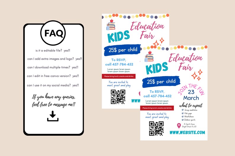 Puede incluir: Dos folletos para una Feria de Educaci&oacute;n Infantil, con texto y gr&aacute;ficos coloridos. Los folletos incluyen el texto "KIDS Education Fair", detalles del evento y un c&oacute;digo QR. Un folleto tambi&eacute;n incluye una secci&oacute;n de preguntas frecuentes.