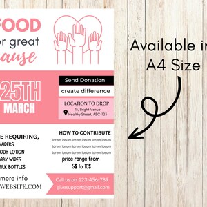 K&ouml;nnte beinhalten: Ein rosa Flyer mit dem Text "FOOD for great cause" und einem rosa Herzen mit ausgestreckten H&auml;nden. Der Flyer wirbt f&uuml;r eine Spendenaktion am 25. M&auml;rz, mit einer Liste der ben&ouml;tigten Artikel und einem Ort, an dem Spenden abgegeben werden k&ouml;nnen. Der Flyer enth&auml;lt auch eine Preisspanne f&uuml;r Spenden und Kontaktinformationen.