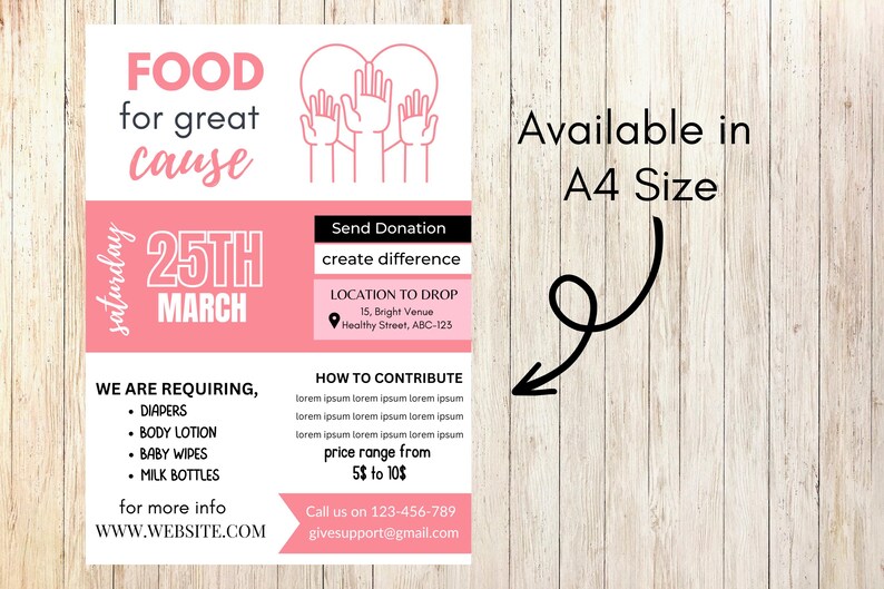 K&ouml;nnte beinhalten: Ein rosa Flyer mit dem Text "FOOD for great cause" und einem rosa Herzen mit ausgestreckten H&auml;nden. Der Flyer wirbt f&uuml;r eine Spendenaktion am 25. M&auml;rz, mit einer Liste der ben&ouml;tigten Artikel und einem Ort, an dem Spenden abgegeben werden k&ouml;nnen. Der Flyer enth&auml;lt auch eine Preisspanne f&uuml;r Spenden und Kontaktinformationen.