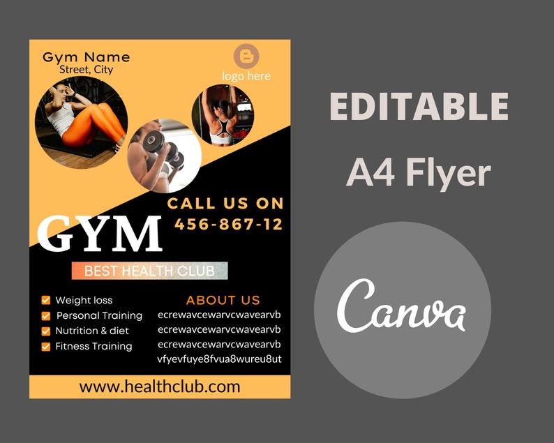 May include: A black and orange flyer with the text "GYM" in white letters. The flyer advertises a gym with the text "Best Health Club" and a phone number to call. The flyer also includes a list of services offered, including weight loss, personal training, nutrition and diet, and fitness training. The flyer has a website address at the bottom.
