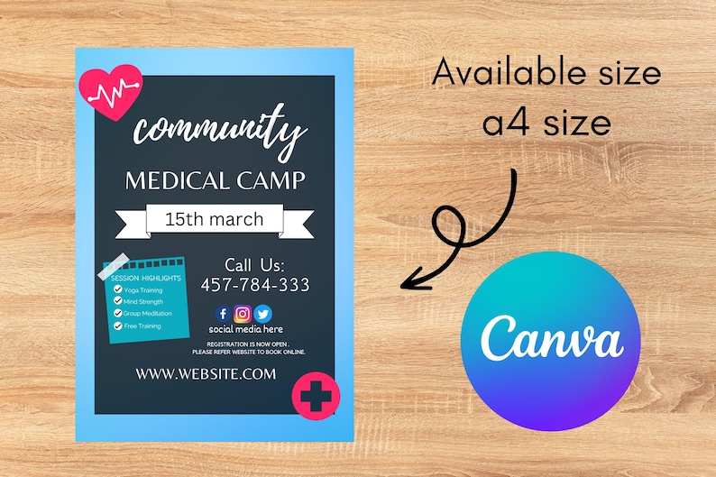 May include: A blue-bordered poster for a community medical camp, featuring a heart graphic and the text "community MEDICAL CAMP" with the date "15th march." Includes session highlights, a phone number, social media icons, and a Canva logo.