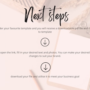 Puede incluir: Un portapapeles beige claro con las palabras "Next steps" en escritura negra. La imagen incluye instrucciones: ordenar plantilla, abrir enlace y descargar archivo. Se incluyen dos flechas hacia abajo.