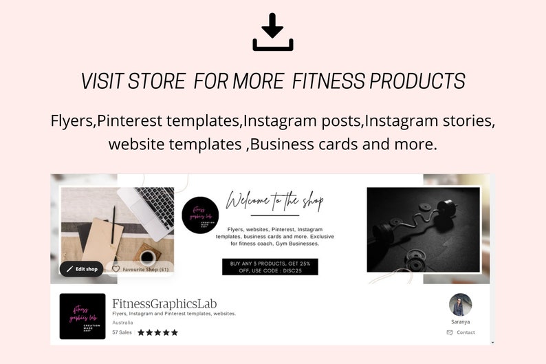 May include: Promotional image for FitnessGraphicsLab, featuring a laptop, stationery, and fitness equipment. Text includes "VISIT STORE FOR MORE FITNESS PRODUCTS" and details about flyers, templates, and business cards.