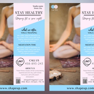 May include: A promotional flyer in light blue and pink, advertising yoga and meditation. The text reads "Stay Healthy" and includes contact details and a website address. The flyer's design is modern and clean.