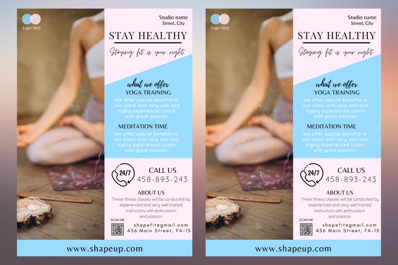 May include: A promotional flyer in light blue and pink, advertising yoga and meditation. The text reads "Stay Healthy" and includes contact details and a website address. The flyer's design is modern and clean.