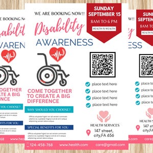 May include: A white flyer for Disability Awareness featuring a black wheelchair icon with a red heart and EKG line. Text includes "WE ARE BOOKING NOW!!", "SUNDAY SEPTEMBER 15", "8AM TO 6 PM", "HEALTH IS WEALTH", "COME TOGETHER TO CREATE A BIG DIFFERENCE", and a QR code.
