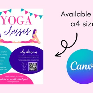 May include: A flyer advertising yoga classes with two women in yoga poses. The flyer is pink, blue, and white with the text "YOGA classes" in a large pink font. The flyer also includes a QR code and the text "write to us, we will contact you!"