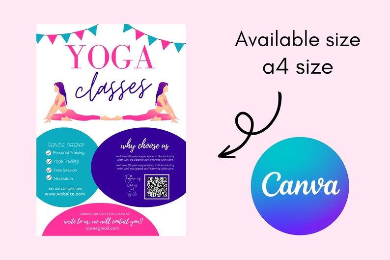 May include: A flyer advertising yoga classes with two women in yoga poses. The flyer is pink, blue, and white with the text "YOGA classes" in a large pink font. The flyer also includes a QR code and the text "write to us, we will contact you!"