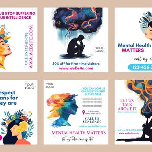 May include: Six square graphics promoting mental health awareness. The designs include illustrations of people and abstract art, with text like "Let Us Talk About It" and contact details for support.