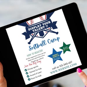 May include: A digital tablet displaying a softball camp flyer with a baseball graphic, the text "DISPLAY YOUR TALENT!!", "Softball Camp", "HOW TO REGISTER", "Join the Big Day", "Group sports", "Games for kids", "Award of year", "Pizza for kids", and "WWW.WEBSITE.COM".