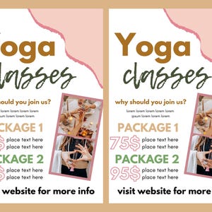 以下が含まれることがあります： ヨガクラスのプロモーションポスター。デザインは、太字のフォントで「Yoga classes」という言葉を特徴とし、追加のテキストと画像が含まれています。ポスターには、パッケージに関する情報と、詳細についてはWebサイトにアクセスするための行動喚起が含まれています。