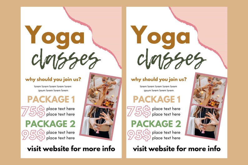 以下が含まれることがあります： ヨガクラスのプロモーションポスター。デザインは、太字のフォントで「Yoga classes」という言葉を特徴とし、追加のテキストと画像が含まれています。ポスターには、パッケージに関する情報と、詳細についてはWebサイトにアクセスするための行動喚起が含まれています。