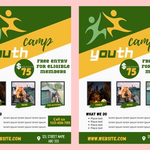 以下が含まれることがあります： 緑と黄色のデザインのユースキャンプのプロモーションポスター。「Youth Camp」の文字が大きく表示されています。ポスターには、アウトドアアクティビティの写真と電話番号が含まれています。