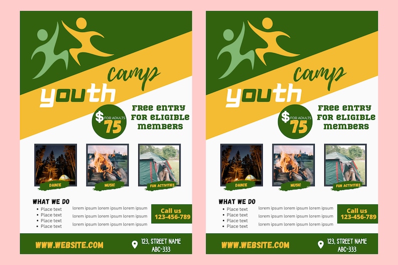 以下が含まれることがあります： 緑と黄色のデザインのユースキャンプのプロモーションポスター。「Youth Camp」の文字が大きく表示されています。ポスターには、アウトドアアクティビティの写真と電話番号が含まれています。