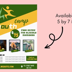 以下が含まれることがあります： 「youth camp」の文字と、ダンス、音楽、楽しいアクティビティの画像が描かれた、緑、黄色、白のキャンプチラシ。 チラシは12.7 x 17.8 cmサイズで利用可能です。
