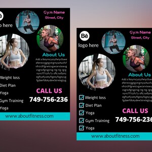 K&ouml;nnte beinhalten: Ein schwarz-wei&szlig;es Flugblatt mit einer blauen und wei&szlig;en Checkliste der von einem Fitnessstudio angebotenen Dienstleistungen. Die Dienstleistungen umfassen Gewichtsabnahme, Ern&auml;hrungsplan, Yoga und Fitnesstraining. Das Flugblatt enth&auml;lt auch einen Call-to-Action, um das Fitnessstudio unter 749-756-236 anzurufen und die Website www.aboutfitness.com zu besuchen. Das Flugblatt hat einen schwarzen Hintergrund mit einem wei&szlig;en Logo, das "Bē" und die Worte "logo here" sagt.