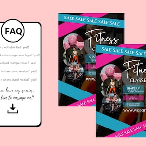 Op de afbeelding: Twee promotieflyers voor fitnesslessen met een roze en turquoise ontwerp. De flyers bevatten het woord "Fitness" in een scriptlettertype, afbeeldingen van mensen die sporten en de tekst "SALE SALE SALE SALE SALE". Er is ook een FAQ-afbeelding aanwezig.