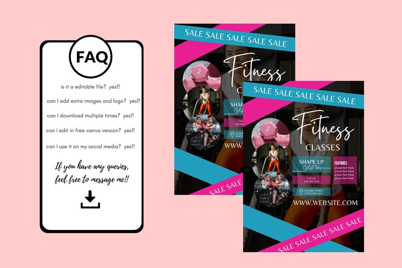 Op de afbeelding: Twee promotieflyers voor fitnesslessen met een roze en turquoise ontwerp. De flyers bevatten het woord "Fitness" in een scriptlettertype, afbeeldingen van mensen die sporten en de tekst "SALE SALE SALE SALE SALE". Er is ook een FAQ-afbeelding aanwezig.