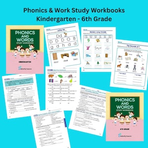 May include: A set of colorful workbooks for phonics and word study, designed for kindergarten through 6th grade. The workbooks feature a butterfly logo and the title "Phonics and Words Study Workbook".