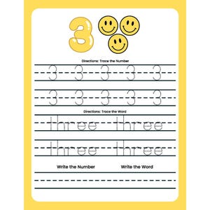 May include: A printable worksheet for kids to practice tracing the number 3 and the word "three". The worksheet features a yellow number 3 and three yellow smiley faces.