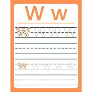 May include: A printable worksheet for practicing writing the letter W. The letter W is shown at the top of the page in large, bold, orange letters. The letter W is also shown in smaller letters with dotted lines to guide the user in tracing the letter. The worksheet has several lines for the user to practice writing the letter W.