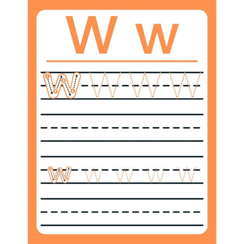 May include: A printable worksheet for practicing writing the letter W. The letter W is shown at the top of the page in large, bold, orange letters. The letter W is also shown in smaller letters with dotted lines to guide the user in tracing the letter. The worksheet has several lines for the user to practice writing the letter W.