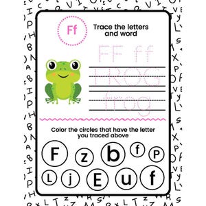 May include: A worksheet for tracing the letter F and the word "frog". The worksheet features a cartoon frog and a section to color circles containing the letter F.