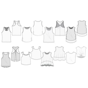 May include: A selection of tank top designs in monochrome. The tops showcase diverse necklines, strap styles, and shapes, including racerback, halter, and peplum styles. The image is a technical drawing, probably for fashion design or pattern making.
