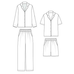 Puede incluir: Dibujo lineal de dos conjuntos de pijama. Uno incluye una camisa abotonada de manga larga y pantalones. El otro incluye una camisa abotonada de manga corta y pantalones cortos. Ambos conjuntos tienen cinturas elásticas y bolsillos.