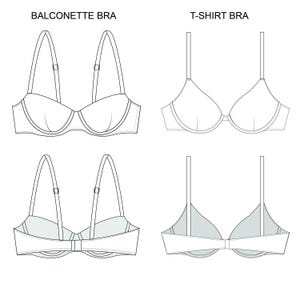 May include: Line drawings of two bra styles: a balconette bra and a T-shirt bra. The balconette bra has wider straps and a curved underwire, while the T-shirt bra has thinner straps and a more rounded cup shape. Both styles are shown from the front and back.