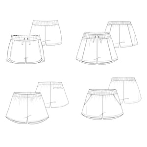 May include: Line drawing of four pairs of athletic shorts. Each pair features an elastic waistband with a drawstring. Some shorts have pockets, and one pair has a back pocket. The shorts are in a simple, minimalist style.