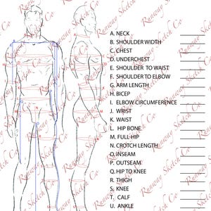 Peut inclure: Un tableau de mesures de design de mode avec deux silhouettes masculines. Le tableau comprend des zones étiquetées pour le cou, la poitrine, la taille et d'autres mesures corporelles. Le texte "Runway Sketch Co" est répété.