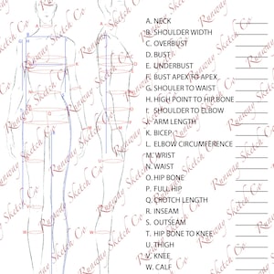 May include: A white paper fashion measurement chart with a front and side view of a person. The chart includes labeled measurement points such as neck, shoulder width, bust, and hip bone. The text "Runway Sketch Co" is repeated throughout.