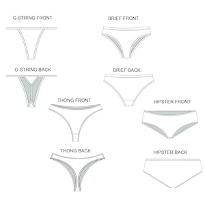 May include: Line drawings of various underwear styles, including G-string, brief, thong, and hipster designs. Each style is shown from the front and back views, with labels indicating the style.