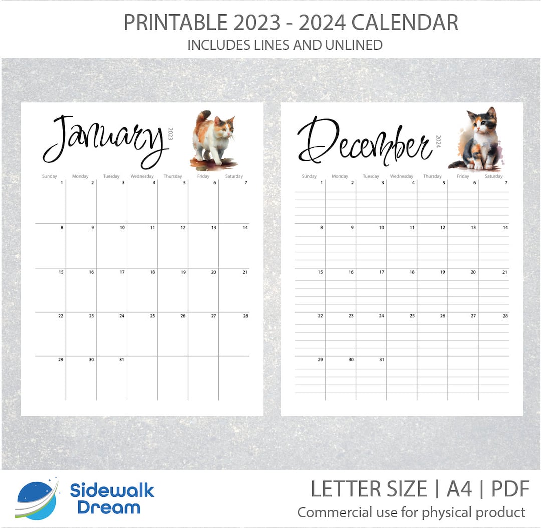 Printable Cat Calendar 2023 2024 Cat Calendar Digital Calendar PDF ...