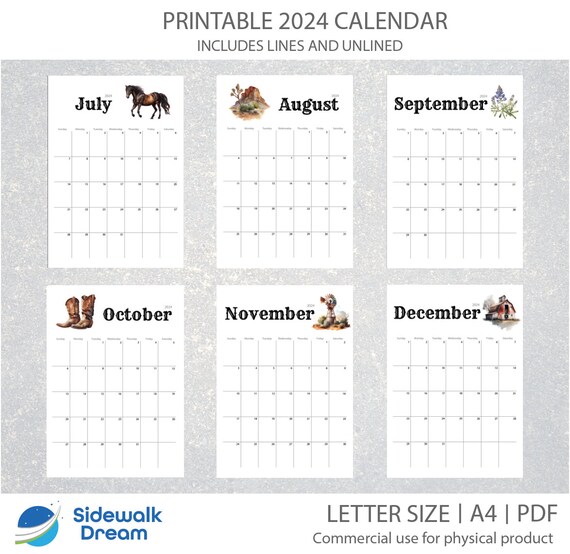Printable Cowboy Calendar 2024 Western Wall Calendar Digital Calendar PDF Letter Size A4 Instant Download Wild West Calendar Etsy