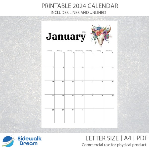 Printable Cowboy Calendar 2024 | Western Wall Calendar | Digital Calendar | PDF | Letter Size | A4 | Instant Download | Wild West Calendar