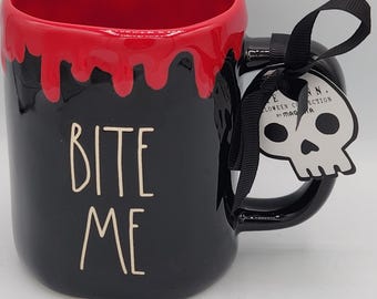 Rae Dunn Halloween black and red dripping blood BITE ME mug