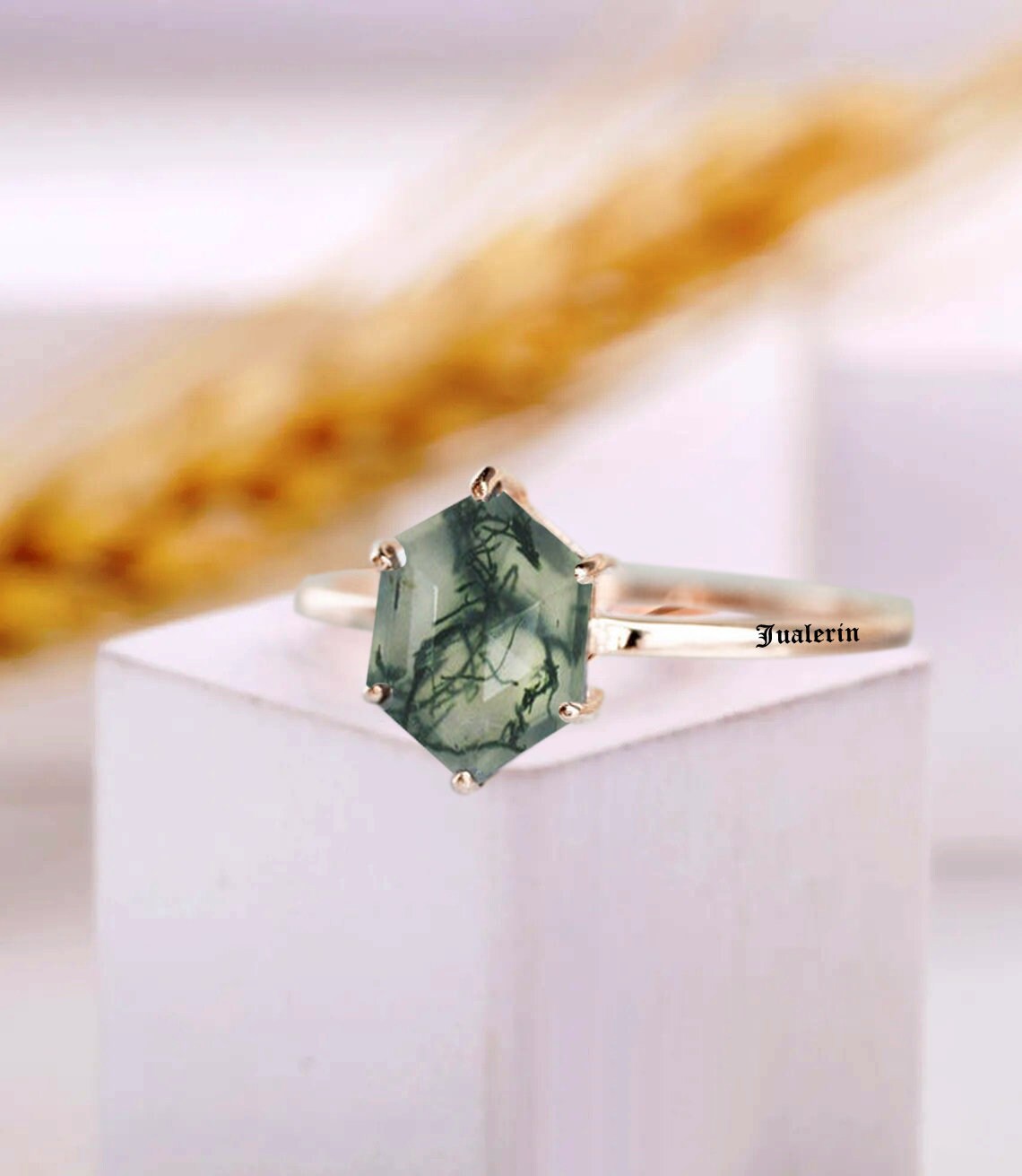 14K Rose Gold Moss Agate Ring I Moss agate Ring I Hexagon | Etsy