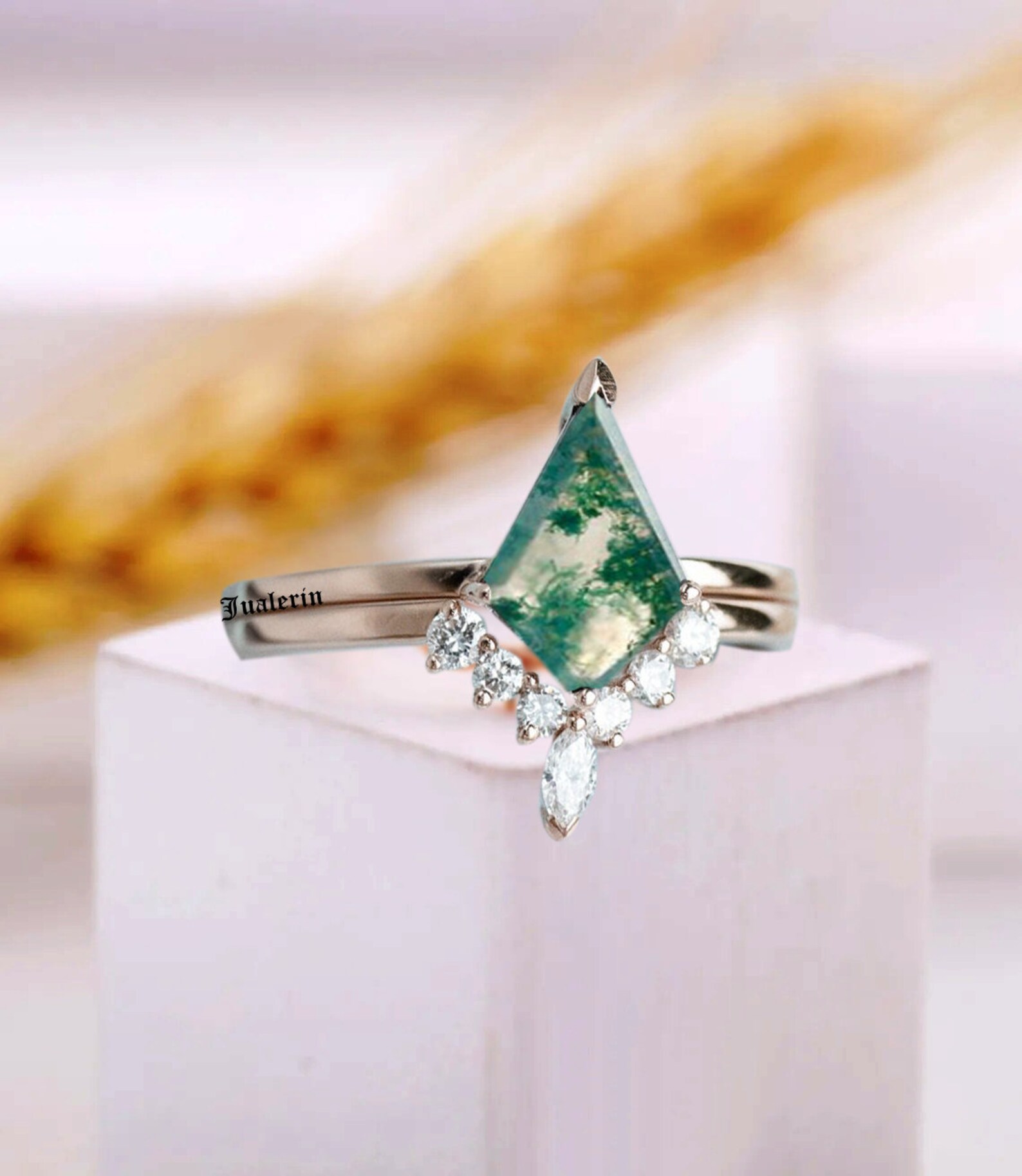 14K Rose Gold Moss Agate Ring Moss agate Ring Kite Gemstone | Etsy