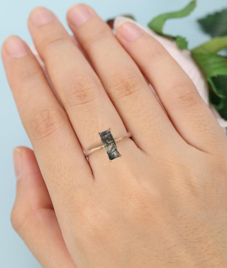 14K Rose Gold Moss Agate Ring Moss agate Ring Baguette | Etsy
