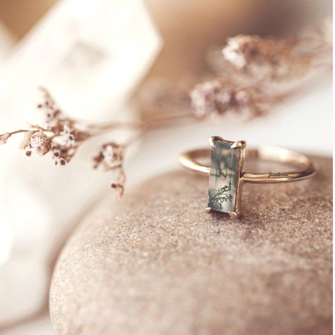 14K Rose Gold Moss Agate Ring Moss agate Ring Baguette | Etsy