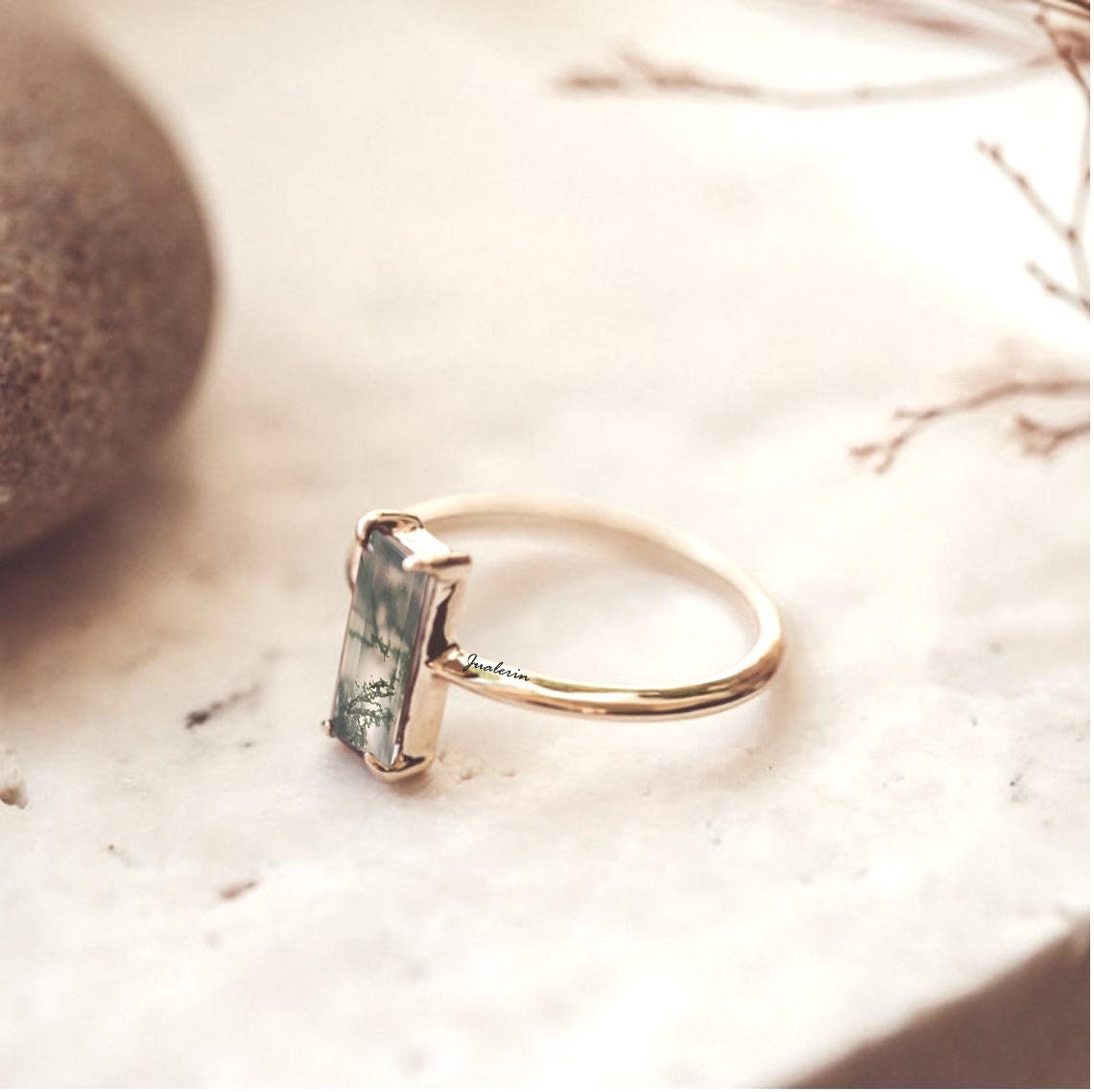 14K Rose Gold Moss Agate Ring Moss agate Ring Baguette | Etsy