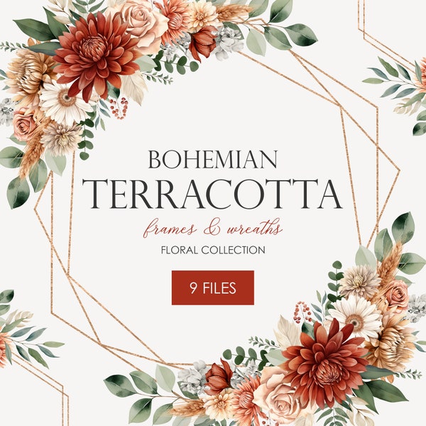 Terracotta Bohemian Frames & Wreaths Clipart - Floral Watercolor - Autumn Floral - Boho Fall Wedding | PNG, Commercial Use, Instant Download