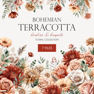 Terracota Boho Borders & Bouquets Clipart - Acuarela Floral - Otoño Floral Boho Otoño Boda / PNG, Uso Comercial, Descarga Instantánea