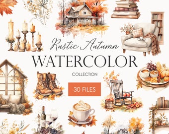 May include: A set of 30 watercolour illustrations featuring rustic autumn themes. The set includes a cosy armchair, a house with autumn foliage, a rocking chair, a cup of coffee, a bottle of wine, a plate of fruit, and more. The set is perfect for creating autumn-themed crafts, cards, and invitations.