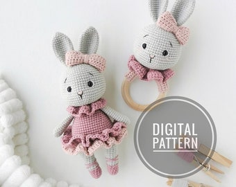 Set of Amigurumi bunny and rattle. Ballerina Bunny crochettoy, Digital PDF pattern